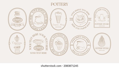 Collection of logotype template for pottery. Minimalist linear symbol. Perfect for branding, label, sticker, logotype design. Editable Vector Illustration.