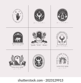 Collection of logotype with wild animals, mythology creature, plants and astrology elements. Editable vector illustration.