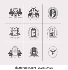 Collection of logotype with wild animals, mythology creature, plants and astrology elements. Editable vector illustration.