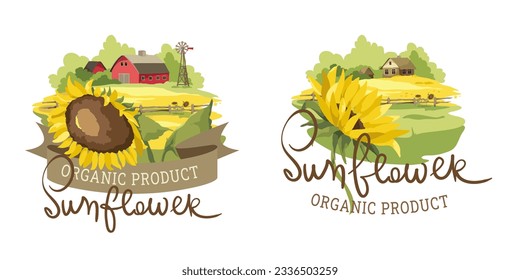 Kollektion von Logotypen mit Sonnenblumen und ländlichen Landschaften. Hintergründe für den Druck von Produkten für Sonnenblumenöl, Vektorgrafiken, Etiketten.	