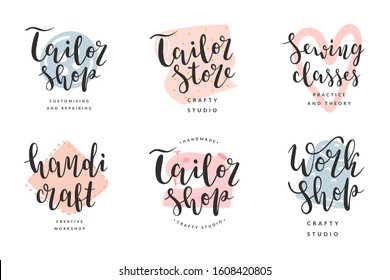 Collection of logotypes for tailor shop, workshop or atelier. Handwritten lettering logo, simple stamp illustrations of sewing machine, thimble and button, brand sign templates, vector illustrations.