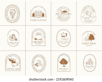 Collection Of Logotypes Template For Dairy Farm And Cheese Production, A Coffee Shop, A Vintage Store Or A Local Family Busines. Linear Logos, Symbols, Icons Design Template. Editable Vector Logotype.