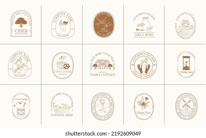 Collection Of Logotypes Template For Dairy Farm And Cheese Production, A Coffee Shop, A Vintage Store Or A Local Family Busines. Linear Logos, Symbols, Icons Design Template. Editable Vector Logotype.