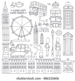  Collection of London symbols.Set of outlined icons. svg