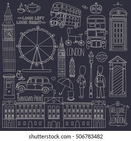  Collection of London symbols.Set of outlined icons on dark background.