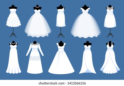 Collection of long and short wedding dresses for brides. Vector illustration for save the date greeting, marriage party invitation, bride tailor salon. 