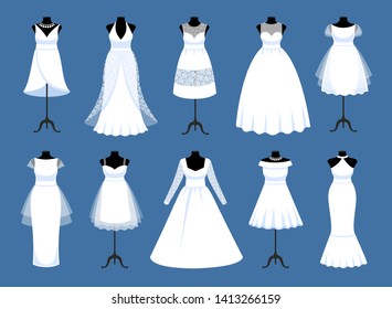 Collection of long and short wedding dresses for brides. Vector illustration for save the date greeting, marriage party invitation, bride tailor salon. 