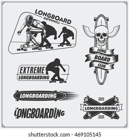 Collection of longboarding and skateboarding labels, emblems, badges and design elements. Silhouette of a longboarders.
