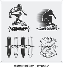 Collection of longboarding and skateboarding labels, emblems, badges and design elements. Silhouette of a longboarder.