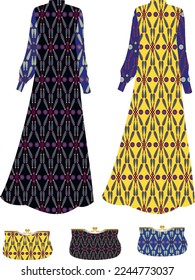 Collection of loose-fitting dresses with long sleeves. Abstract decorative pattern elements of field dried poppy fruits. Digital vector illustration. Fashion for women. Author's work. Fashion trend 