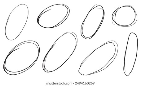 A collection of loosely drawn oval and circular shapes with varied line weights, creating an organic, sketch-like appearance ideal for design elements or frames