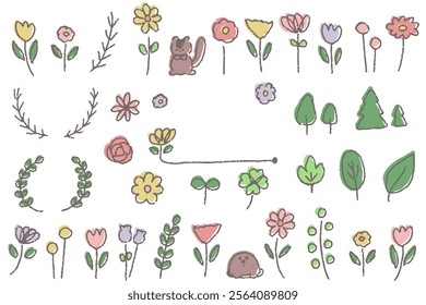 A collection of loosely hand-drawn illustrations of flowers and plants