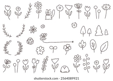 A collection of loosely hand-drawn illustrations of flowers and plants