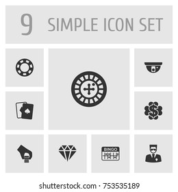 Collection Of Lotto, Playing Cards, Security Camera And Other Elements.  Set Of 9 Gambling Icons Set. 