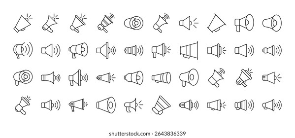 Coleção de alto-falante ícones de linha relacionados. Outline Signs para Gráficos e Web Design, Apps, Anúncios, Vários Cartões 