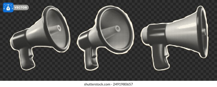 Collection of loudspeakers with halftone effects for collage in retro pop art style. A set of monochrome megaphones, hand cut from a newspaper or magazine. Vector illustration