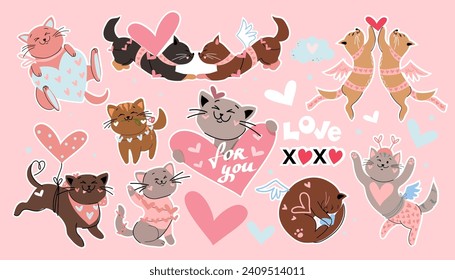 Collection with love animals cute cats and herts stickers. Vector cartoon illustration for Valentine's day. Doodle style. Fashion patch badges