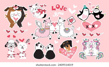 Collection of love animals with dachshund dogs, cats, llama, unicorn stickers. Vector cartoon illustration for Valentines day