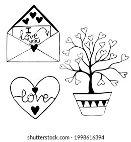 collection of love doodles. A hand-drawn tree with hearts growing on it. The inscription "Love". Vector illustration of the concept. Birthday, Women's Day, Mother's Day, Valentine's Day