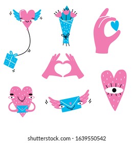 Collection of love elements for greeting card design. Valentines Day. Stickers. Heart, envelope, heart with hands, heart with eye, ballon with present, flowers, bouquet. Vector illustration.