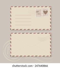Collection of love envelopes with postage stamps. Vector illustration.