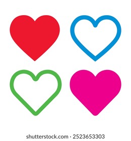 Collection of love heart color symbol icons set with solid and outline vector isolated on white background.