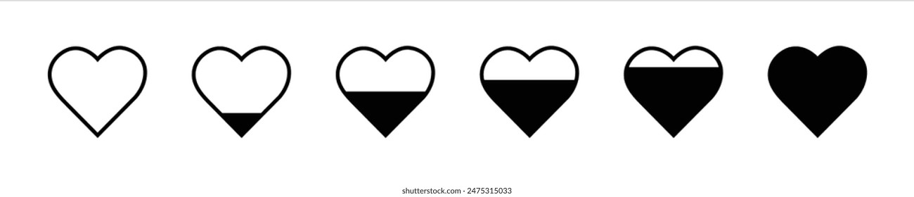 Collection of love heart icon set in black color. Heart shape loading progress indicator vector illustration.