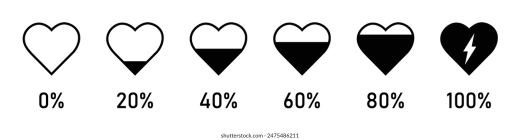 Herzbewertung, Love Meter oder Messgerät Symbol für Velentine Day Card. Die Illustration des Liebesmessers. schwarze Farbe. 0 bis 100 Prozent Vektorillustration der Herzfrequenz.