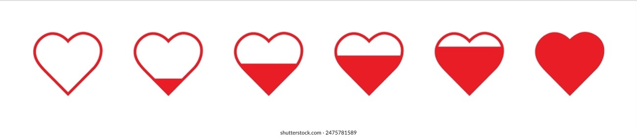 Collection of love heart icon set in red color. Heart shape loading progress indicator vector illustration.