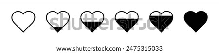 Collection of love heart icon set in black color. Heart shape loading progress indicator vector illustration.