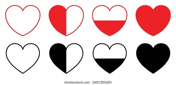 Collection love heart sign symbol different style. Heart icon set in black and red color. Love icon set flat style. Whole and outlined hearts icons. Vector illustration.