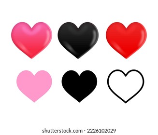 Collection of Love Heart Symbol Icons . Love Illustration Set with Solid and Outline Vector Hearts