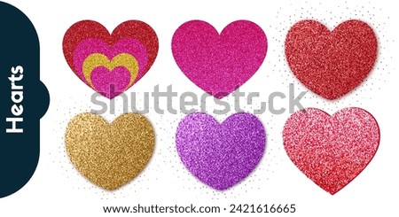 Collection of Love Heart Symbol Icons . Glitter Valentine’s Day hearts Illustration Set with Solid and Outline Vector Hearts