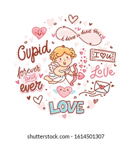 Collection of love illustrations with cute Cupid boy, hearts, lettering and doodles. Hand drawn romantic art in cartoon style 