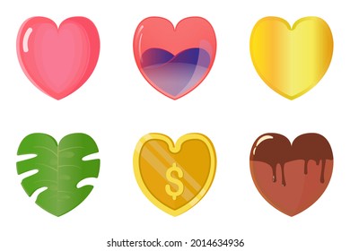 Colección de ilustraciones de amor. Juego de vectores de corazón con estilo diferente (hoja de corazón, moneda de corazón, chocolate de corazón y más). Símbolos de amor.