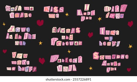 Collection of love lettering. Anonymous letters cut from magazines. Cuts from newspaper. Letters on pieces of paper in different colors. Retro grunge criminal alphabet set. Valentine's day message