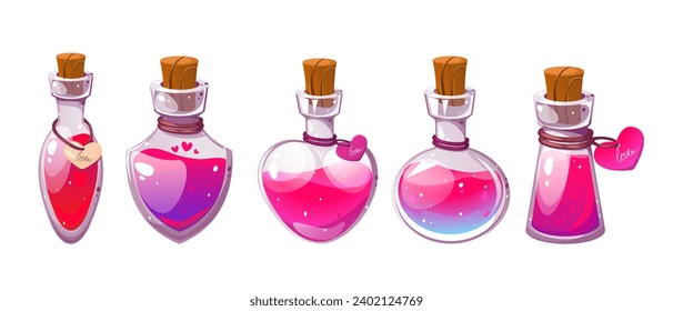 Collection of love potions. Potion in a glass jar. Symbol of Valentine's Day. Vector illustration isolated on white background.