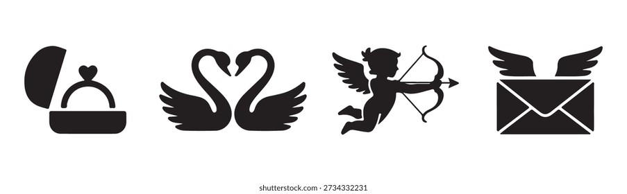 Collection of love and romance icons: proposal ring, pair of swans, cupid archer, and winged letter.