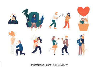 Collection of love scenes - heartbroken woman, kissing couple in air balloon, romantic date, girl with cold avoidant partner, knight carrying his lady. Vector illustration in flat cartoon style.