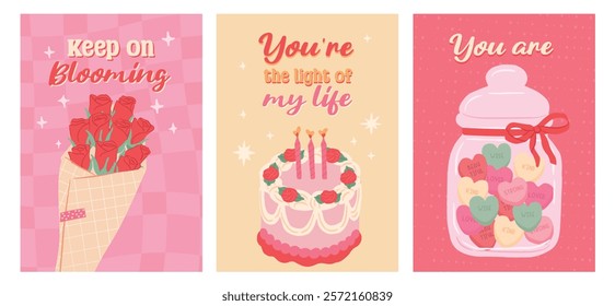 Collection of Love season and Valentines day sweet desserts bouquet rose, cake and heart candy poster vector illustration