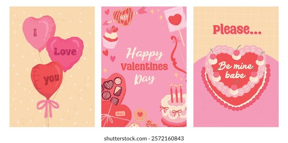 Collection of Love season and Valentines day sweet desserts heart balloons and heart cake poster vector illustration