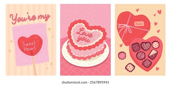 Collection of Love Season Valentines poster portrait of heart cake, chocolate and candy lollipop vector illustration