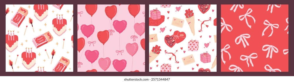 Collection of Love season, Valentines Seamless pattern  vector illustration of sweet dessert, cake, match balloon and ribbon