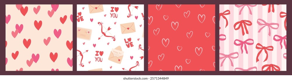 Collection of Love season, Valentines Seamless pattern  vector illustration hearts, love letter and ribbons