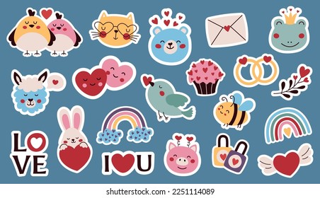 A collection of love stickers with cute
animals and other flat style elements. Valentine's Day graphic elements.