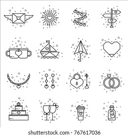 Collection of love, Valentine's Day, romantic outline icons. Set of wedding and dating elements and symbols for marketing and promotions materials, banners, flyers, invitation cards and posters.