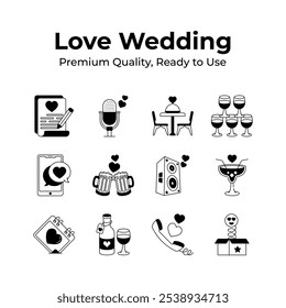 Collection of love and wedding icons in modern design style