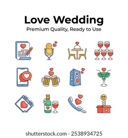 Collection of love and wedding icons in modern design style