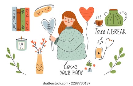 Collection of Love Yourself stickers. Self-care, relax, self-acceptance. A collection of flat objects - tea, candle, vase, books, flowers, hearts, a phone with headphones, a fat girl, sleep mask.