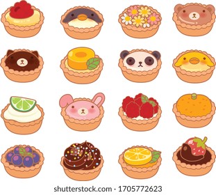 Collection of lovely baby bakery food doodle icon, cake , adorable tart, sweet pie, kawaii cupcake, girly chocolate pie, in childlike manga cartoon isolated on white - Vector file EPS10